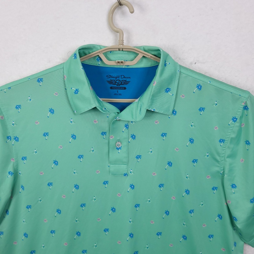 Straight Down Polo Shirt Mens Large Green Palm Tree Performance Golf Top